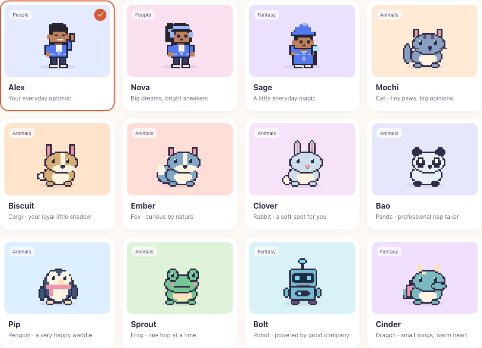 Character library showing the bundled desktop companions available to choose from.