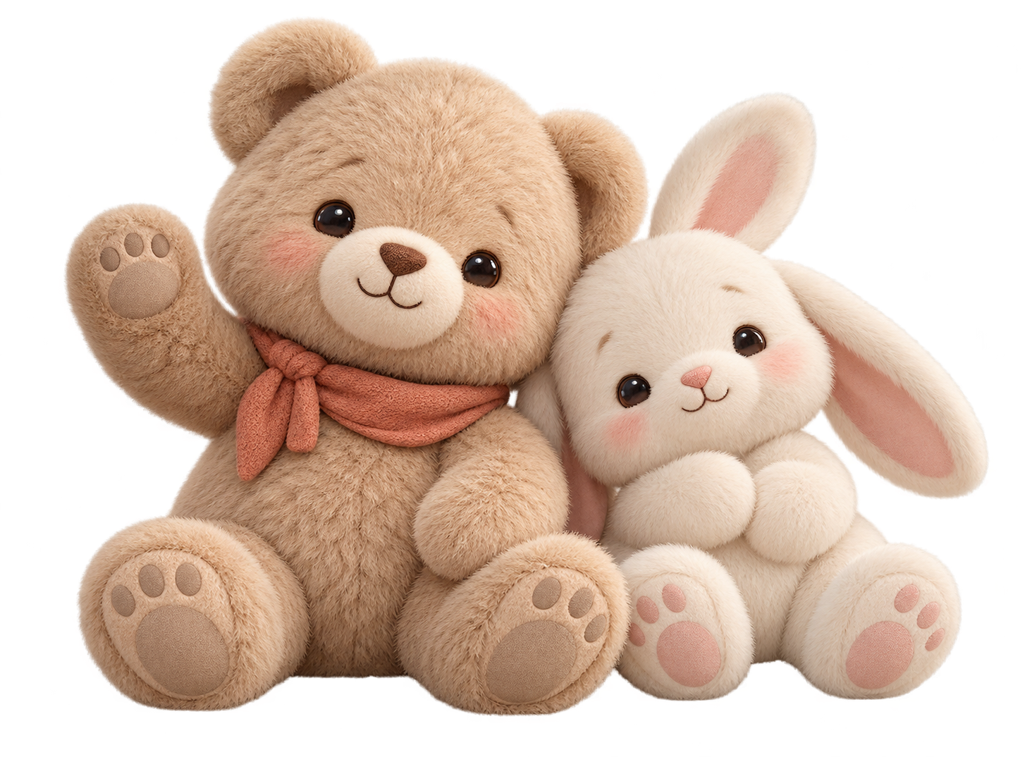 A soft oatmeal teddy bear waving beside a little ivory bunny.