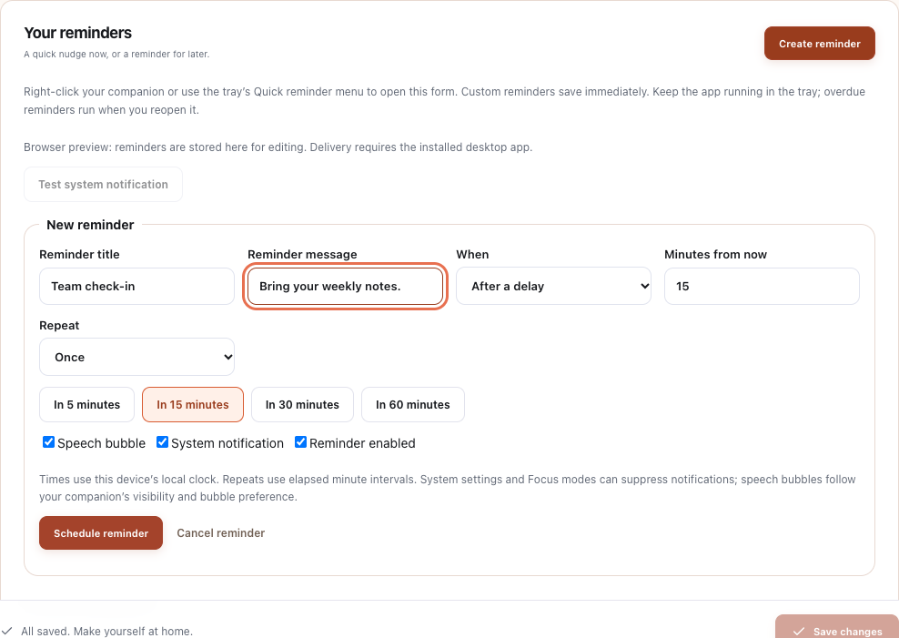 Reminder settings for water, stretching, breaks, and custom messages.