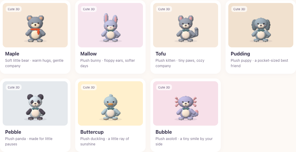Soft Friends gallery featuring Maple the bear, Mallow the bunny, Tofu the kitten, Pudding the puppy, Pebble the panda, Buttercup the duckling, and Bubble the axolotl.